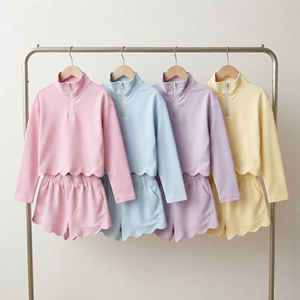 Set di Abbigliamento Trendy per Bambini all'Ingrosso: Felpa con Zip a Quarto e Maniche Lunghe, Pantaloncini con Bordo Ondulato, Completo Dolce in 2 Pezzi per Ragazze - Product Image 2