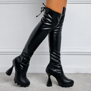 Bottes à plateforme montantes au-dessus du genou pour femme, à bout rond, avec lanière fantaisie, style chaussette longue, 12 cm - Product Image 4