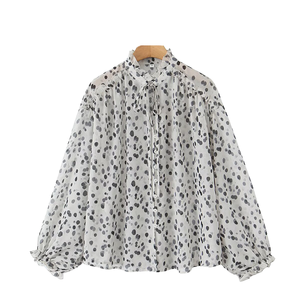 Elegante Camicetta a Maniche Lunghe con Stampa Leopardata, Colletto con Volant e Laccio, Camicia con Bottoni, Top Casual da Ufficio alla Moda - Product Image 5