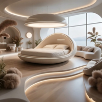 Organisches Ovales Fiberglas-Doppelbett Glänzend Weiße Schale mit LED-Beleuchtung Futuristischer Stil für Luxus-Schlafzimmer