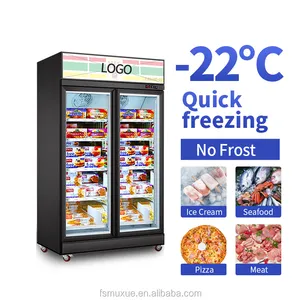 Commercial Refrigerator Freezer MUXUE Double Doors Vertical Freezer Glass Door Display Freezer For Store Commercial Refrigerator With AD Board -Black