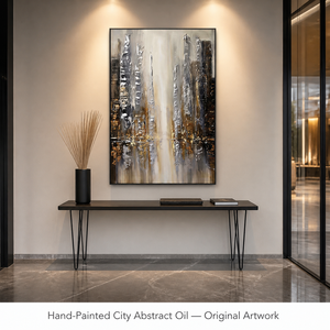 Pintura Abstracta Impresa en Lienzo con Diseño del Horizonte Urbano Metropolitano en Plata y Oro para Decoración de Oficinas, Hoteles, Vestíbulos y Entradas - Product Image 3