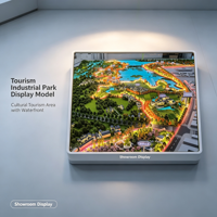 Maquette de parc industriel de tourisme culturel avec bâtiments, zone aquatique, routes, ceinture verte, ceinture lumineuse et zones fonctionnelles