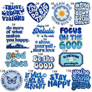 Parches Bordados Termoadhesivos con Tema de Palabras Positivas en Color Azul, Logotipo Personalizado, Venta de Fábrica - Product Image 1