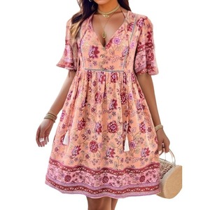 Nuovi Abiti Estivi da Donna alla Moda, Vestiti a Maniche Corte con <span class=keywords><strong>Stampa</strong></span> Floreale <span class=keywords><strong>Etnica</strong></span>, <span class=keywords><strong>Abito</strong></span> Corto Casual con Scollo a V per Ragazze - Product Image 1