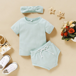 Ensemble d'été pour bébés filles et garçons : haut côtelé en coton, short et bandeau – Vêtements pour enfants à manches courtes et pantalons – Tenues pour bébés - Product Image 4