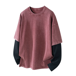 T-shirt décontracté surdimensionné pour homme de haute qualité, style vintage délavé à l'acide, manches contrastantes, faux deux pièces, manches longues, vente en gros - Product Image 3