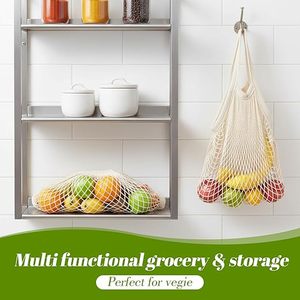 Reusable Cotton Mesh Produce Bags, Beige Washable Grocery <b>Net</b> Tote Bags with Handles, Eco Friendly Organizer - Product Image 6