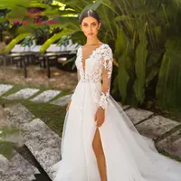 Aster garten A-Line Wedding Dress 2021 Classy V-Neck Delicate Beading Appliques Bride Long Sleeve Beach Slit-Hem Bridal Gown