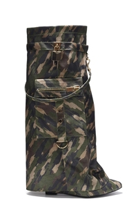 ZHEZHE or <span class=keywords><strong>noir</strong></span> Camouflage bottes hautes pour femmes talons compensés dames métal serrure poche requin longs chaussons - Product Image 4
