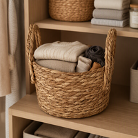 Panier de rangement en jacinthe d'eau tressé à la main, écologique, avec doublure en plastique et poignées, multifonctionnel pour vêtements et articles divers