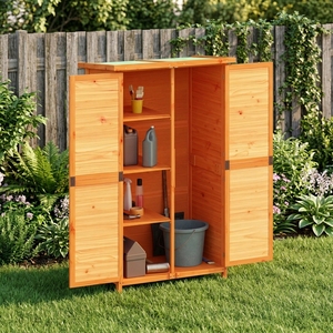 Caseta de Almacenamiento de Madera, Madera de Pino Sólida, Organizador de Herramientas de Jardín, Color Marrón, con Techo Impermeable para Patio Trasero - Product Image 4