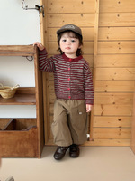 Cardigan tricoté unisexe pour enfants, col rond, rayé, à simple boutonnage, manches longues, pull pour bébé, printemps-automne