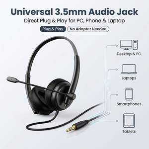 Casque filaire supra-auriculaire avec micro, son stéréo, pilote dynamique, Plug & Play pour PC, téléphone, ordinateur portable, tablettes, plastique noir - Product Image 1