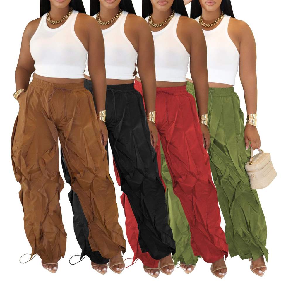 2026 New Arrival Women's Casual Elastic Waist Ruched Details Harem Trousers Wide Leg Loose Pants Baggy Lantern Slacks Pants