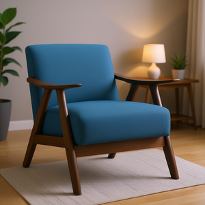 Chaise de salon moderne en tissu bleu, revêtement en bois massif finition noyer, dossier et assise rembourrés, mobilier de maison - Product Image 2