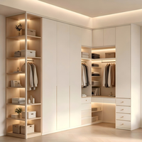 Armoire en bois personnalisable verticale multicolore avec étagères ouvertes à LED et tiroirs de grande capacité