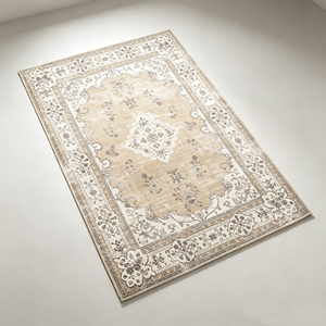 <span class=keywords><strong>Tappeto</strong></span> <span class=keywords><strong>Vintage</strong></span> <span class=keywords><strong>Beige</strong></span> con Motivo a Medaglione Persiano, Lavabile, in Poliestere, Effetto Invecchiato, per Decorazione d'Interni - Product Image 1