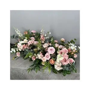 Forest System Flower Runner Green Pink Greenery Leaves White Rose Aisle Floral Arrangement For Wedding Decoration