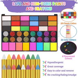 Kit de peinture pour le visage pour enfants 42 couleurs non toxiques Peinture pour le visage 16 crayons 6 pochoirs réutilisables 40 collants pour Halloween Peinture pour le visage corporel - Product Image 2