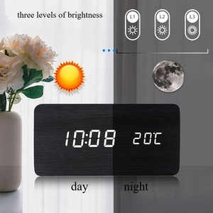 Nhà Máy Bán buôn sáng tạo bằng gỗ kỹ thuật số thời gian hiển thị nhiệt độ 3 Bộ đồng hồ báo thức LED Điều khiển bằng giọng nói Bảng trang trí đồng hồ - Product Image 6