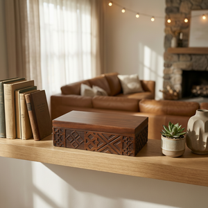 Hand-Carved Decorative Wood <strong>Storage</strong> Box Rustic Whitewashed Finish Rectangular Keepsake <strong>Chest</strong> <strong>with</strong> Geometric Pattern Light Brown - Product Image 4