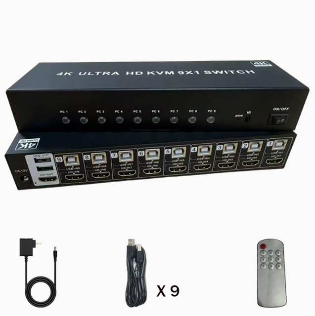 4K  9-input 1-output KVM Switch (9/8X1kvm) for 9 Computers Sharing 1 Keyboard and Mouse and 1 Monitor.