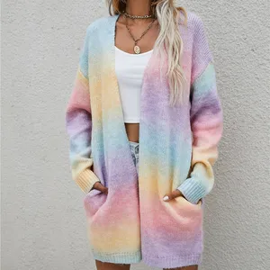 Factory custom logo design Winter Pocket Knit maglione arcobaleno Tie Dye da donna di media lunghezza Plus Size Cardigan in misto lana