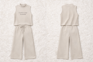 Ensemble deux pièces OEM&ODM personnalisé avec logo pour <span class=keywords><strong>femme</strong></span> : haut sans manches à col montant et pantalon large court à la cheville – Collection Printemps/Été - Product Image 2