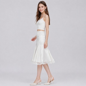 White Dropped Waist Midi Skirt Lace Trim Pleated A-Line Women Summer Casual Satin - Product Image 2