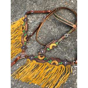 Juegos de tachuelas amarillas de cuero occidental de calidad superior con brida de cuero fuerte para montar a caballo y carreras de proveedor indio - Product Image 2
