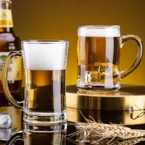 Hot Sales Glassware Supplier Popular Classical Design Large Tea Drinking 380ml Clear Beer Glass Mugs with Handle for Beer Lover