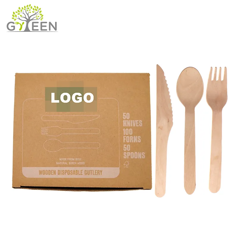Dinnerware Biodegradable Disposable Natural Wooden Cutlery Set Biodegradable Dinnerware Fork Spoon Knife Custom Printed