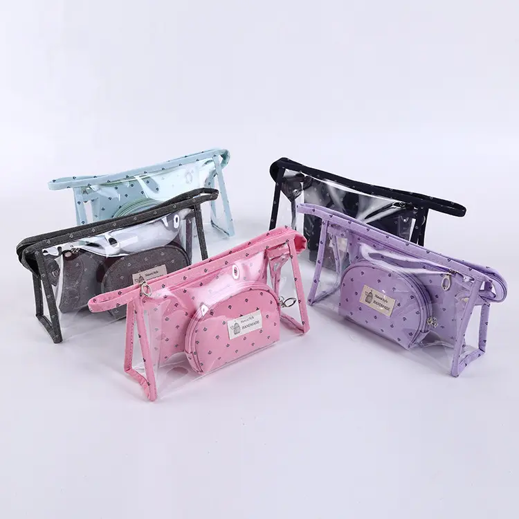 3 Piece Set Women Travel Cosmetic Bag PVC Leather Zipper Make Up Transparent Makeup Case Organizer Storage Pouch Toiletry Bags