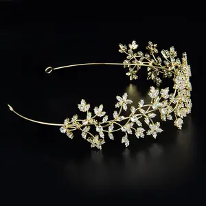 Повязка на голову с перекрестными краями для невесты, роскошная свадебная тиара золотого цвета с цветами, кленовыми листьями и цирконами