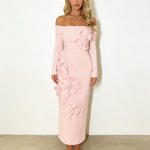 Abiti da Donna <span class=keywords><strong>Rosa</strong></span> con Spalle Scoperte, Maniche Lunghe, Applicazioni Floreali 3D, <span class=keywords><strong>Vestito</strong></span> Aderente Midi Elegante per Feste Serali - Product Image 1