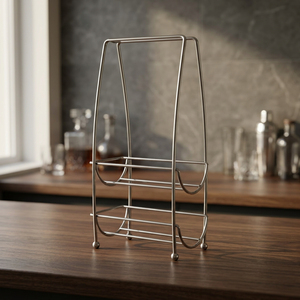 Porte-bouteilles exceptionnel à deux niveaux avec design de support incurvé, finition métallique argentée, support de rangement pour vin sur comptoir autoportant - Product Image 3