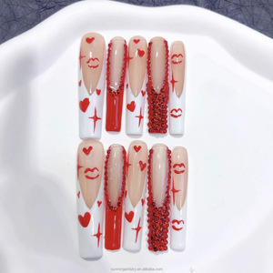 <span class=keywords><strong>Uñas</strong></span> Postizas de Alta Calidad con Diseño de Corazón Rojo, Hechas a Mano, Cobertura Completa, Forma Cuadrada, <span class=keywords><strong>Uñas</strong></span> Postizas Largas Tipo Ataúd - Product Image 2