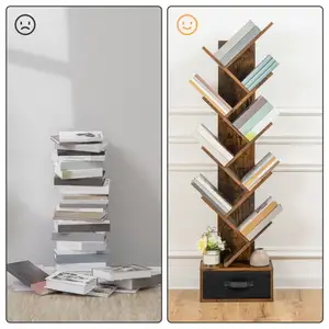 Großhandel Industrie 9-Tier Baum Bücherregal Holz freistehende Bücherregal mit Schublade für Wohnzimmer Schlafzimmer Büro