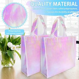 Tas hadiah Natal dapat dipakai ulang merah muda Laser berkilau warna-warni Tote belanja tanpa anyaman holografik ukuran besar kustom dengan Logo - Product Image 3