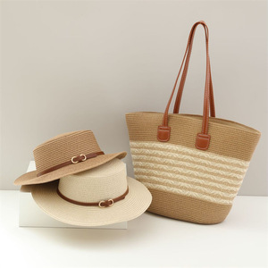 French Flat Straw Bag With Hat Fashion Women's Large Capacity 2 Pieces <b>Tote</b> Bag Seaside Holiday Handbag Shoulder Bag - Product Image 4