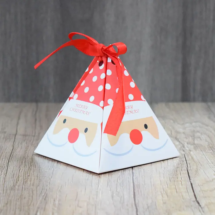 Christmas Style Ribbon Pyramid Triangle Shaped Foldable Santa Candy Gift Box
