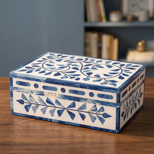 Royal Style <b>Jewelry</b> Storage Box With Blue Bone & Resin Floral Pattern Rectangle Decorative Trinket Case For <b>Jewelry</b> <b>Organizers</b> - Product Image 1