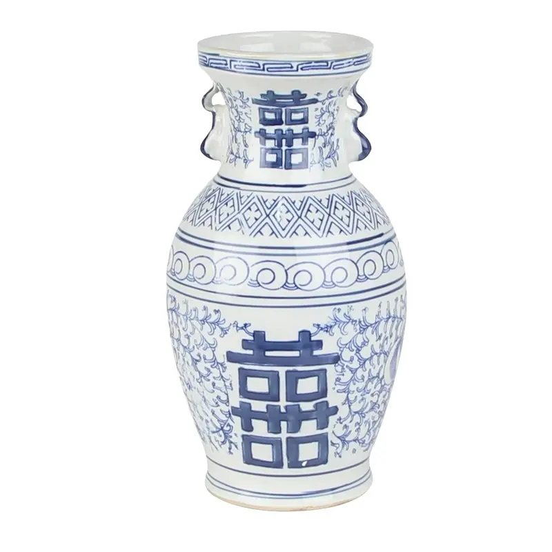 Jarrón de cerámica con patrón de personaje feliz de doble oreja trenzado azul y blanco chino