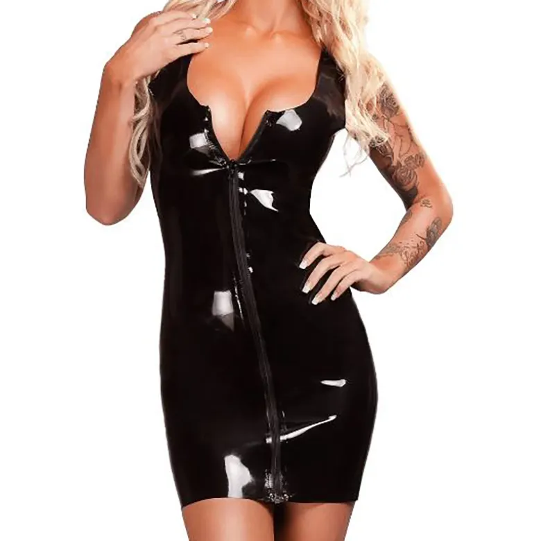 Düşük kesim Backless kadın seksi Bodysuit siyah lateks elbise Catsuits