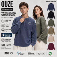 T-shirt Henley pour homme en tricot gaufré effet batik, 325 g/m², lourd, avec patte de boutonnage, manches longues, style vintage streetwear, personnalisable avec logo