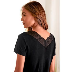 Conjunto <span class=keywords><strong>de</strong></span> Pijama para Mujer con <span class=keywords><strong>Top</strong></span> <span class=keywords><strong>de</strong></span> Manga Corta con Cuello en V y Encaje Negro y Pantalones Largos, Ropa <span class=keywords><strong>de</strong></span> <span class=keywords><strong>Dormir</strong></span> Elegante y Suave <span class=keywords><strong>de</strong></span> Modal, Ropa Cómoda para Estar en Casa - Product Image 3