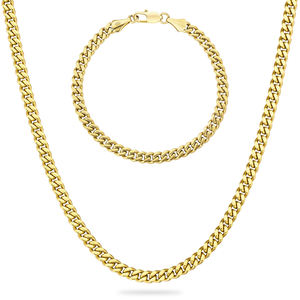 Set di Catene Gioiello All'ingrosso con Bracciale e Collana a Maglia Cubana Miami da 5mm in Acciaio Inossidabile Placcato Oro 14k per Uomo e Donna, Anallergiche - Product Image 1