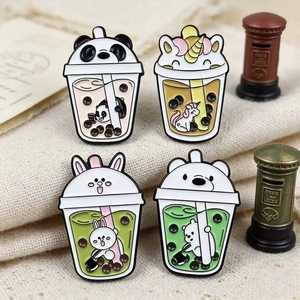 Broches Esmaltados de Chá de Bolhas com Tema Animal - 4 Peças de Broches Fofos de Panda/Unicórnio/Coelho/Urso com Copo de Boba - Product Image 4