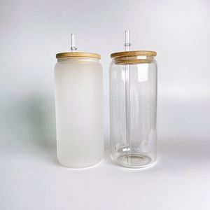 Verre à café glacé personnalisé en verre transparent de 16 oz, vierge pour sublimation, avec paillettes irisées arc-en-ciel, couvercle en bambou et paille - Product Image 1